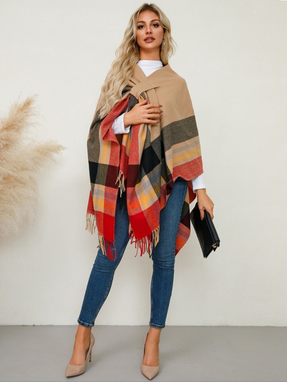 Beige Plaid Fringe Poncho Wrap - Picture 5 of 7